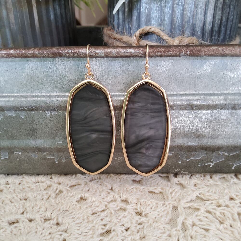 Opal Finish Black Stone Gold Tone Dangle Earrings